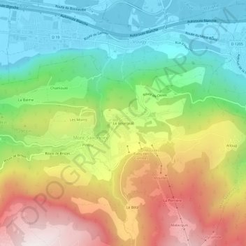 Le Bourgealの地形図、標高、地勢