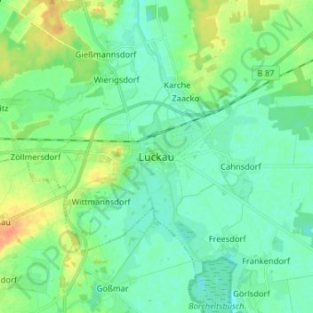 Luckauの地形図、標高、地勢