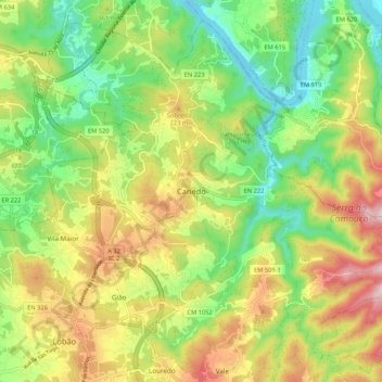 Canedoの地形図、標高、地勢