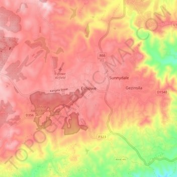 Eshoweの地形図、標高、地勢