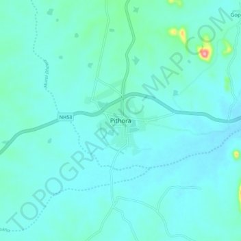 Pithoraの地形図、標高、地勢