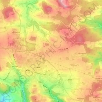 Gföhleramtの地形図、標高、地勢