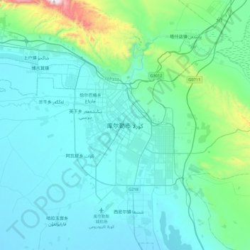 Korlaの地形図、標高、地勢