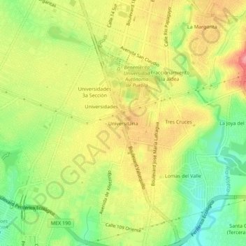 Universitariaの地形図、標高、地勢