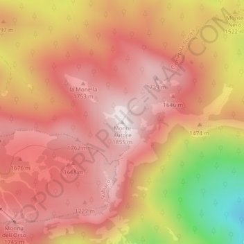 Monte Autoreの地形図、標高、地勢