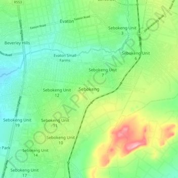 Sebokengの地形図、標高、地勢