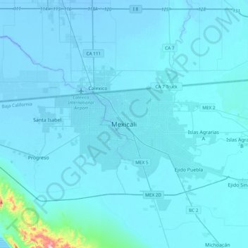 Mexicaliの地形図、標高、地勢