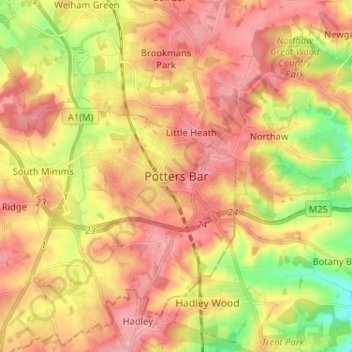 Potters Barの地形図、標高、地勢