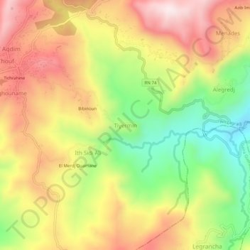 Tighermineの地形図、標高、地勢