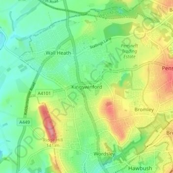 Kingswinfordの地形図、標高、地勢