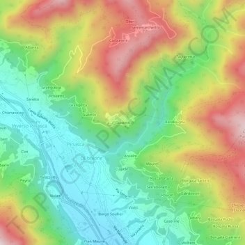 Giustettiの地形図、標高、地勢