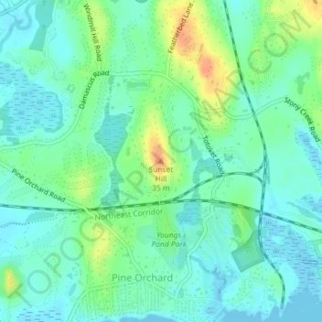 Sunset Hillの地形図、標高、地勢