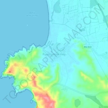Puerto Huarmeyの地形図、標高、地勢
