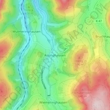 Assinghausenの地形図、標高、地勢