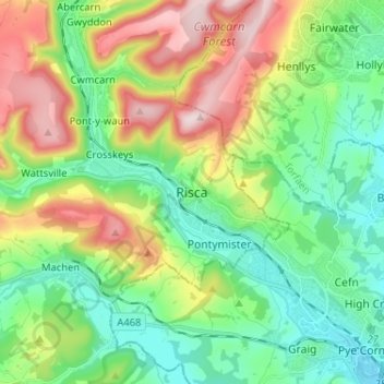 Riscaの地形図、標高、地勢
