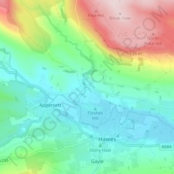 Hardrawの地形図、標高、地勢