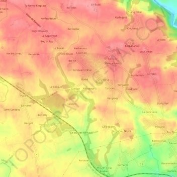 Kernaourの地形図、標高、地勢