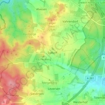 Sottorfの地形図、標高、地勢