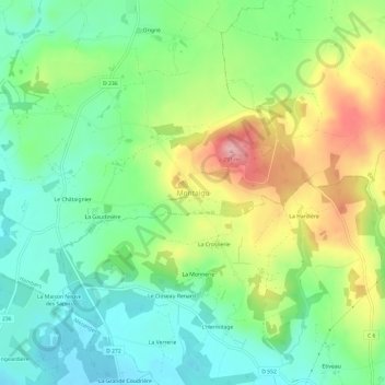 Montaiguの地形図、標高、地勢
