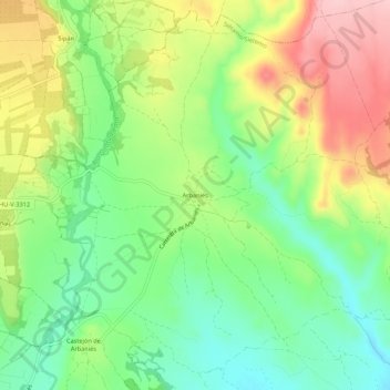 Arbaniésの地形図、標高、地勢