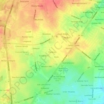 Pembreyの地形図、標高、地勢