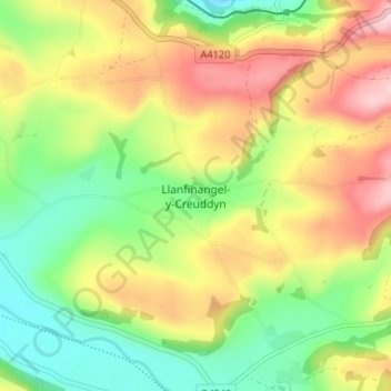 Llanfihangel-y-Creuddynの地形図、標高、地勢