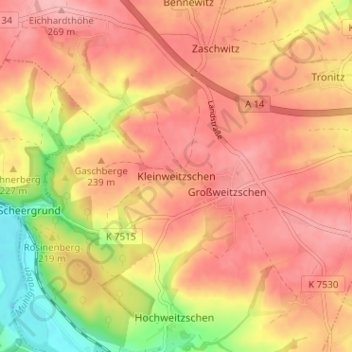 Kleinweitzschenの地形図、標高、地勢