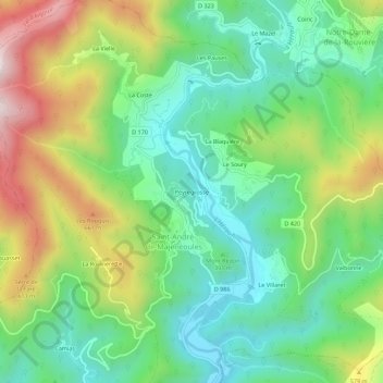 Peyregrosseの地形図、標高、地勢