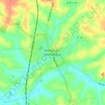 Bohain-en-Vermandoisの地形図、標高、地勢