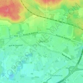 Ghlinの地形図、標高、地勢