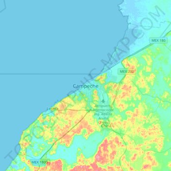 Campecheの地形図、標高、地勢