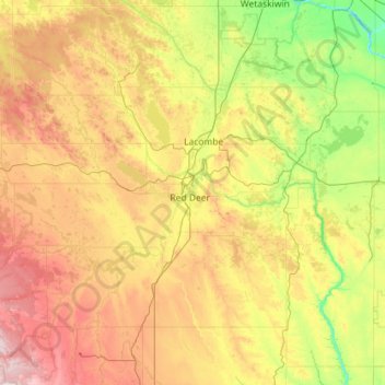 Red Deer (city)の地形図、標高、地勢