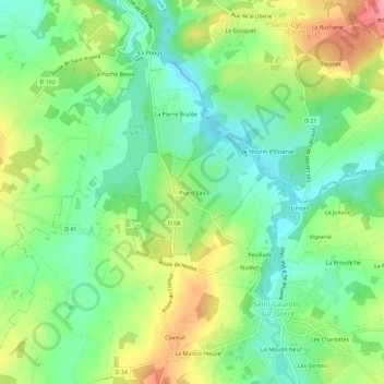 Puy d'Eauの地形図、標高、地勢
