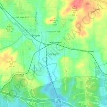 Frisco Quartersの地形図、標高、地勢