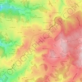 Le Poyetの地形図、標高、地勢