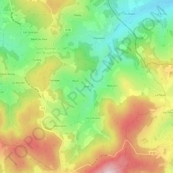 Vozelの地形図、標高、地勢