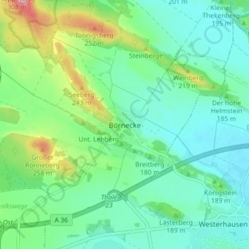 Börneckeの地形図、標高、地勢