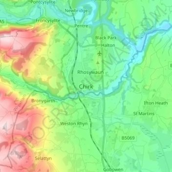 Chirkの地形図、標高、地勢