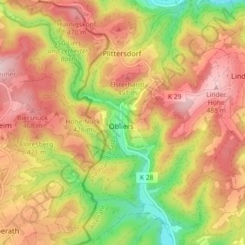 Obliersの地形図、標高、地勢