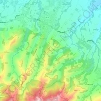 Montericcoの地形図、標高、地勢