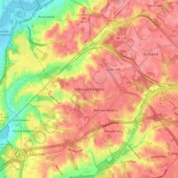 Hillcrest Heightsの地形図、標高、地勢