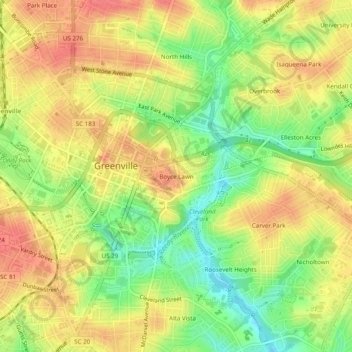 Boyce Lawnの地形図、標高、地勢