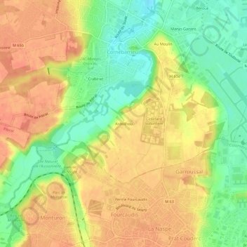 Ardeilhouの地形図、標高、地勢