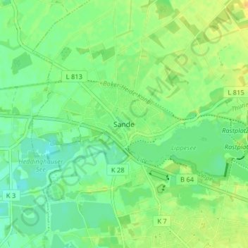 Sandeの地形図、標高、地勢