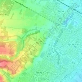 Montericcoの地形図、標高、地勢