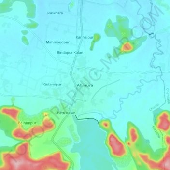 Ahrauraの地形図、標高、地勢