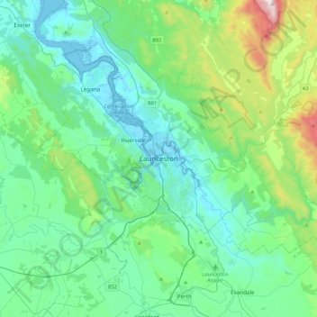 Launcestonの地形図、標高、地勢