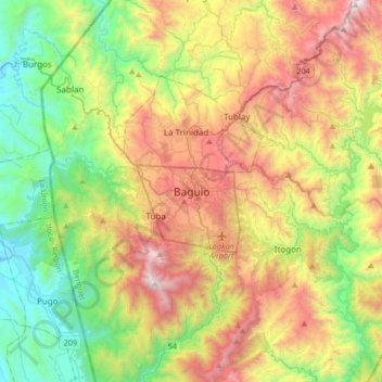Baguioの地形図、標高、地勢