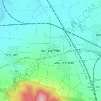 Klein Escherdeの地形図、標高、地勢