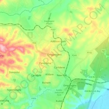 Empangeniの地形図、標高、地勢